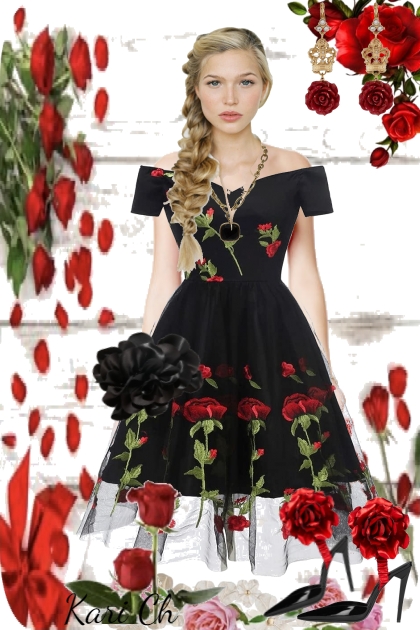 Sort kjole med røde roser 110- Fashion set