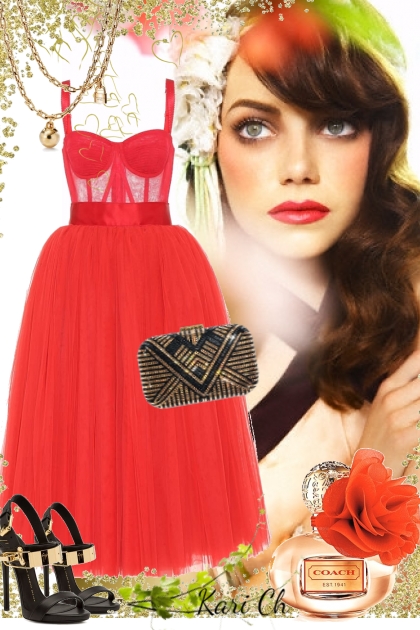 Rød kjole og gull tilbehør 559- Combinazione di moda