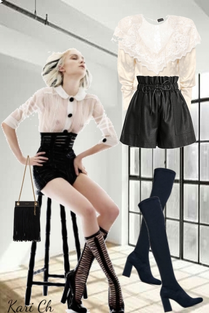 Sort shorts og hvit bluse - Модное сочетание