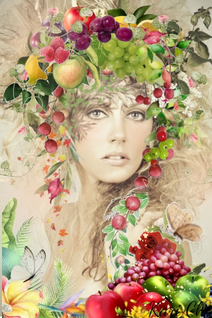 Jente med frukt og blomster - Modekombination