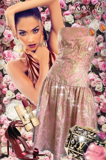 Rosa metallic kjole med gull 118- Modekombination