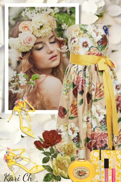 Kjole med roser og gult belte - Модное сочетание