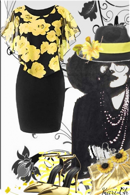 Sort/gul kjole med blomster - Combinazione di moda