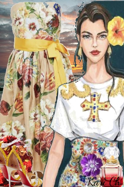 Kjole med roser og gul sløyfe 54- Modna kombinacija