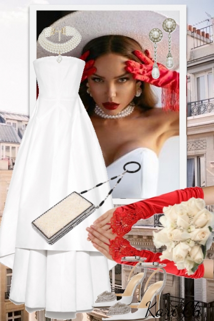 Hvit kjole og røde hansker- combinação de moda