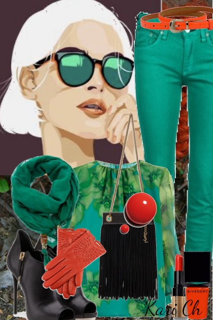 Grønn bukse og mønstert bluse 399878- Modekombination