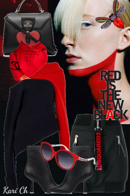 Sort skjørt og rød-sort genser 3001- Modna kombinacija