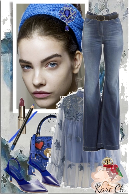 Jeans og blå blondebluse 6-4- Modna kombinacija