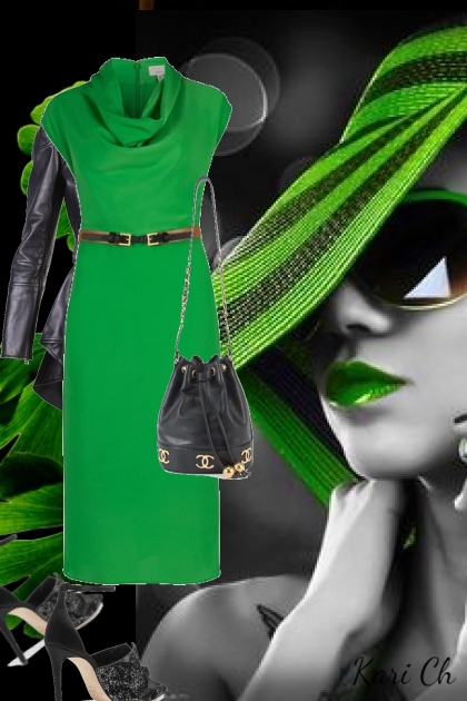 Grønn kjole og sort jakke 9-4- Combinazione di moda