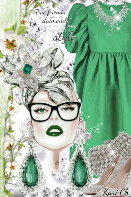 Grønn kjole og diamanter - Combinaciónde moda