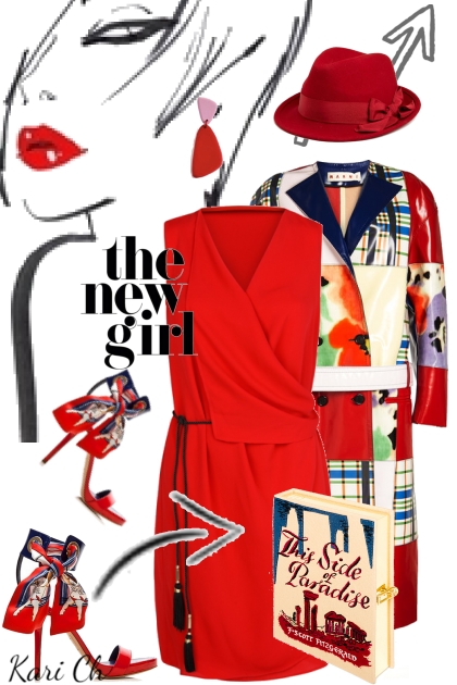 Rød kjole og rutet kåpe 25-4- Fashion set