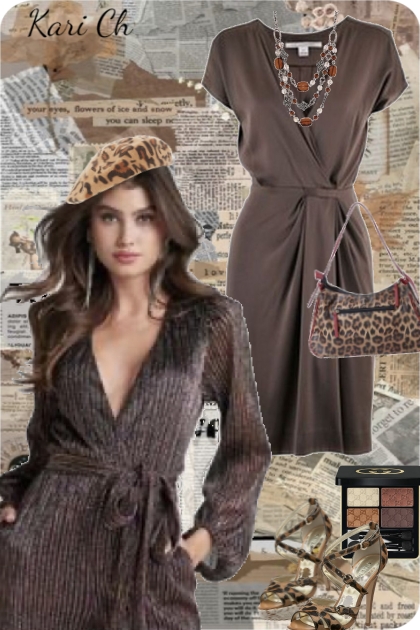 Brun kjole og dyremønstret tilbehør- Modekombination