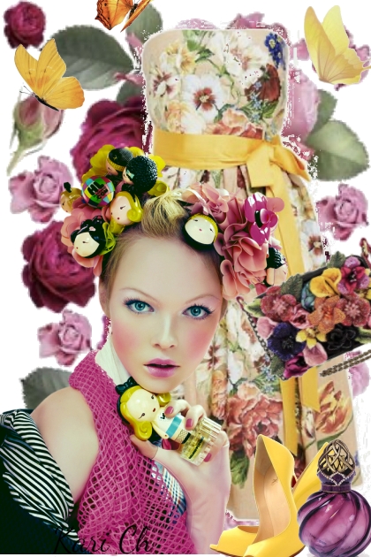 Blomstret kjole med gult belte 2-5- Combinazione di moda