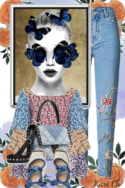 Jeans med blomster og topp 2-5- Fashion set