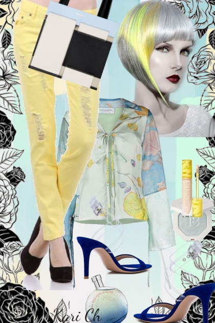 Gule jeans og blomstret topp 3-5- Fashion set