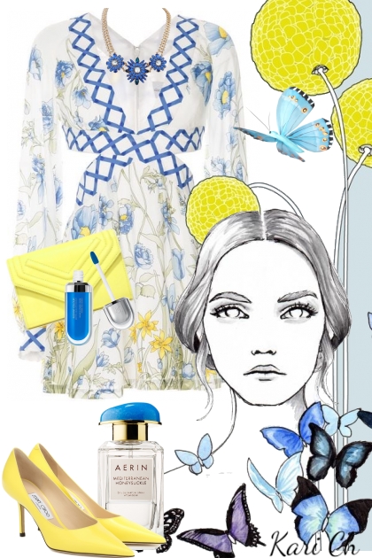 Hvit/blå kjole med blomster 4-5- Модное сочетание
