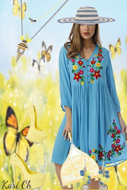 Lys blå kjole med blomster 8-5- Fashion set
