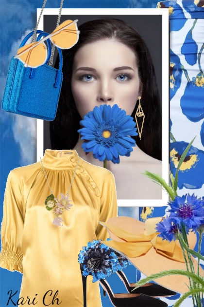 Mønstret blått skjørt og gul topp 14-5- Fashion set