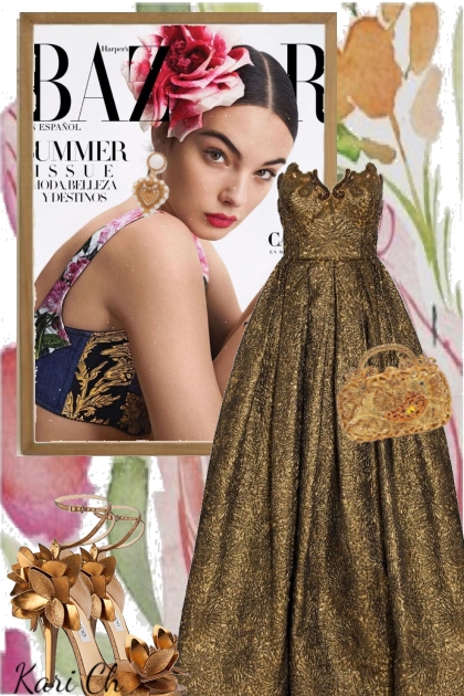 Gullfarget sid kjole 19-5- Combinazione di moda