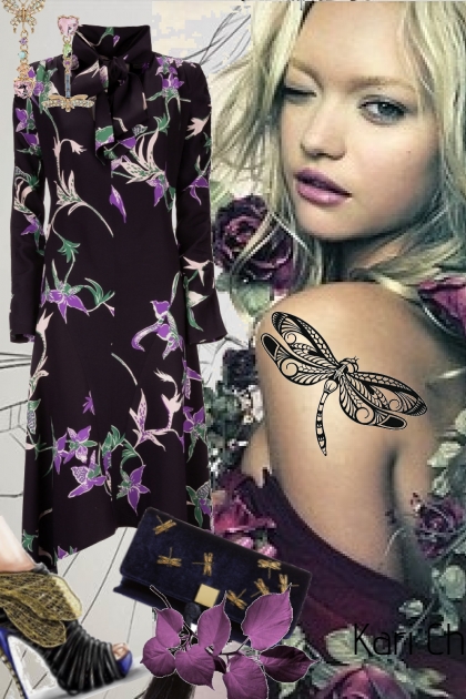 Sort kjole med lilla blomster 4-6- Combinaciónde moda