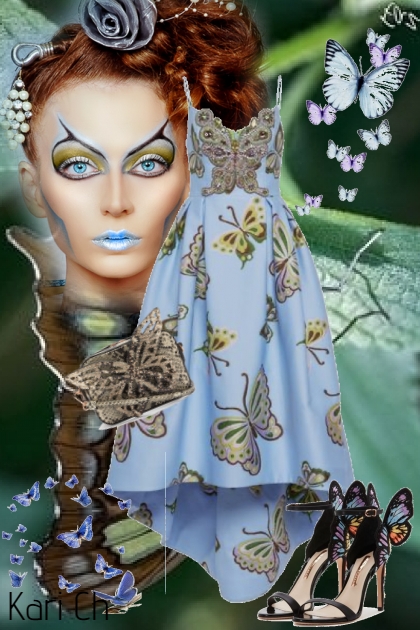 Blå kjole med sommerfugler 4-6- Combinazione di moda