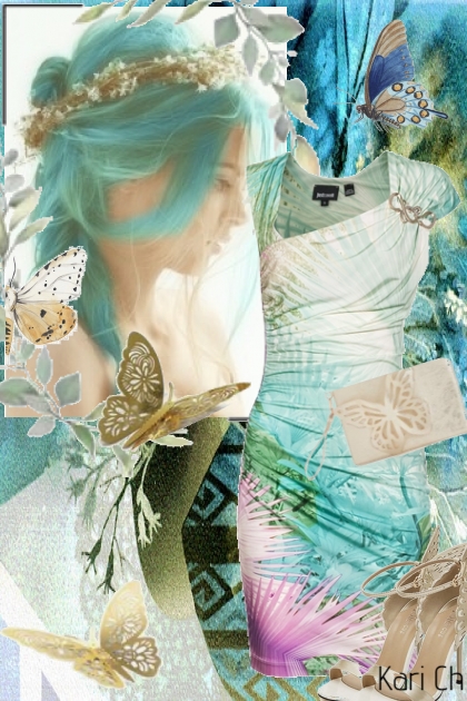 Mønstret kjole og tilbehør med sommerfugler- Модное сочетание