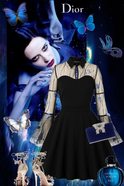 Sort kjole med blå sommerfugler 6-6- Modna kombinacija