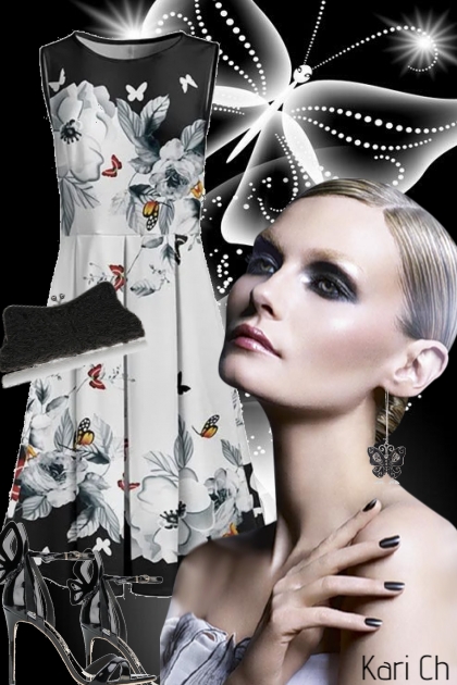 Kjole med blomster og sommerfugler- combinação de moda