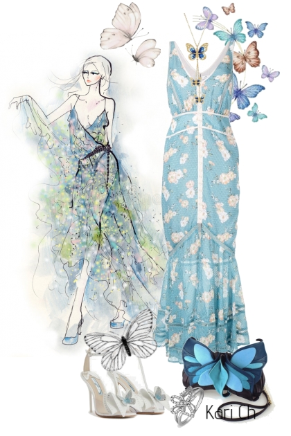 Blå kjole med blomster 7-6- Fashion set