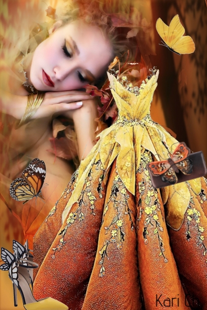 Brun/gul kjole med sommerfugler 7-6- コーディネート