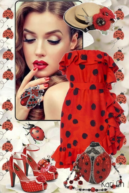 Rød kjole med sorte prikker 7-6- combinação de moda