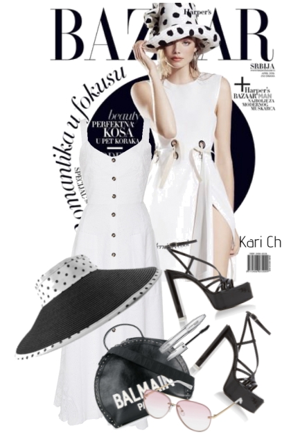 Hvit kjole og hatt med prikker- combinação de moda