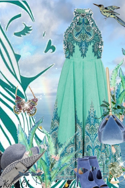 Lys turkis kjole med mønster 6-7- Modna kombinacija