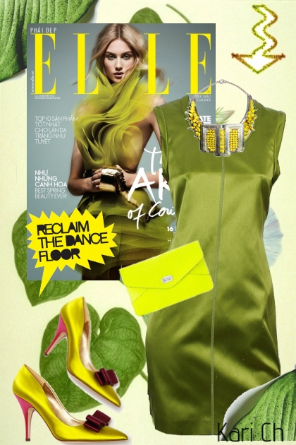 Grønn kjole og gult tilbehør 10-7- Modna kombinacija