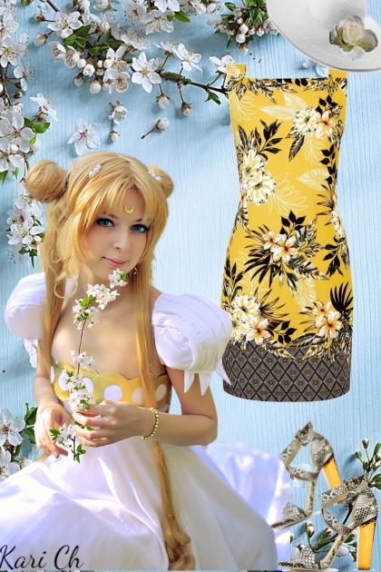 Gul kjole med hvite blomster 18/8- Combinazione di moda