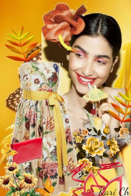 Blomstret kjole med gult belte 30/8- Modna kombinacija
