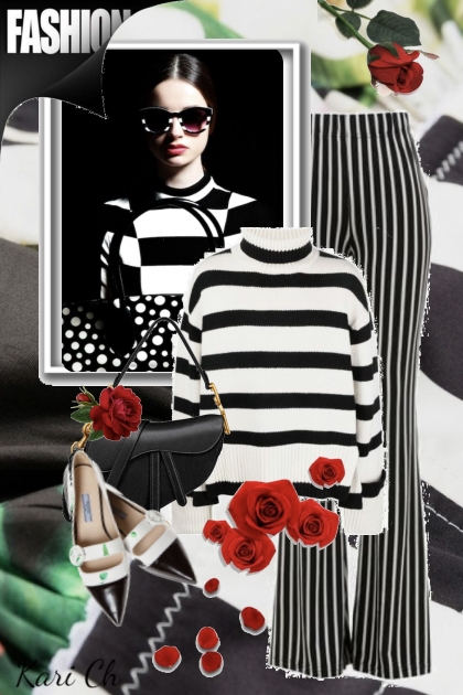 Stripet sort-hvit genser og bukse 6-9- コーディネート
