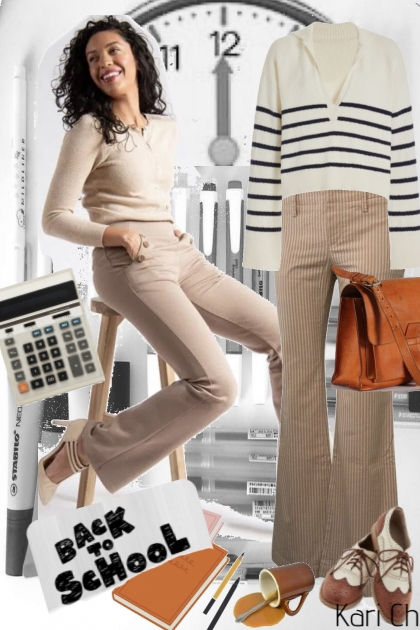 Stripet beige genser og bukse 16-9- Combinazione di moda