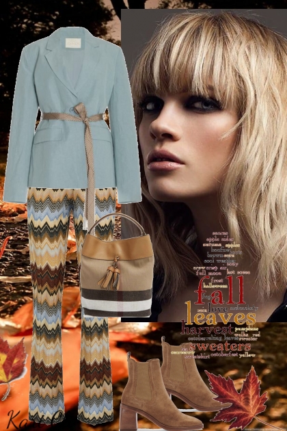 Mønstret bukse og blå jakke 16-9- Combinazione di moda