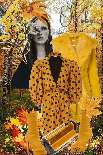 Prikket kjole og gul kåpe 28-9- Combinazione di moda