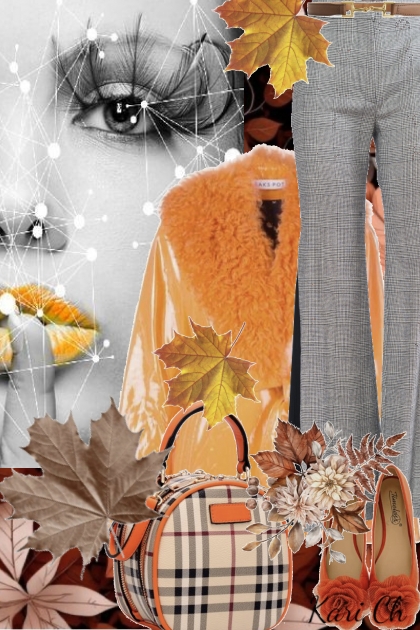 Grå bukse og oransje jakke 3-10- Modekombination