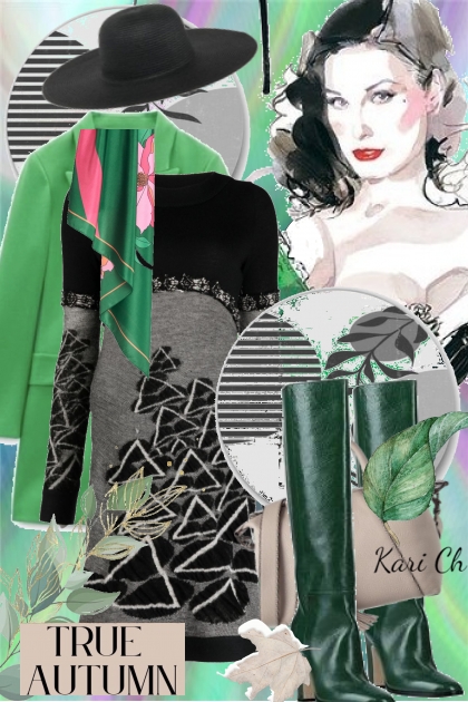 Mønstret kjole og grønn kåpe 15-10- Модное сочетание