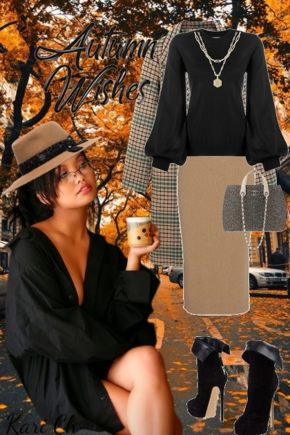 Beige skjørt og sort genser 16-10- Модное сочетание