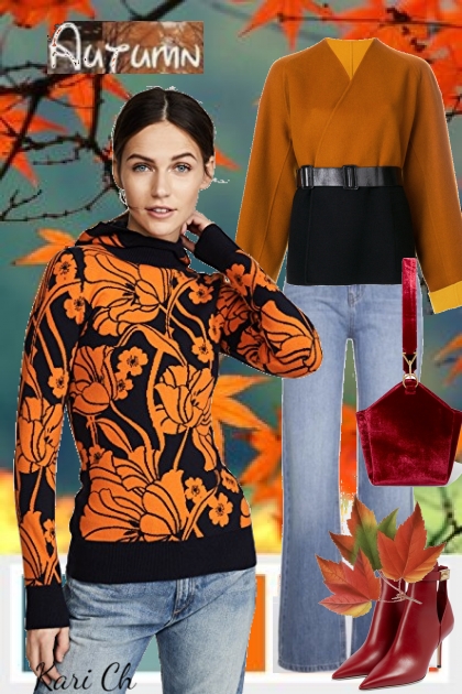 Oransje-sort genser og jeans 18-10- Модное сочетание