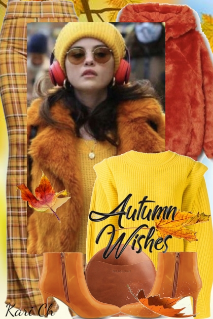 Rutet gul-brun bukse og gul genser 20- combinação de moda