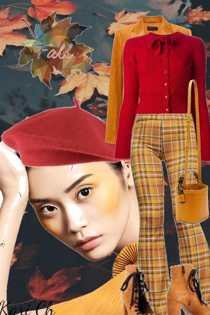 Rutet gul bukse og rød topp 21-10- combinação de moda
