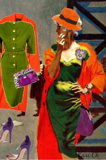 Grønn kjole og oransje kåpe 24-10- Fashion set