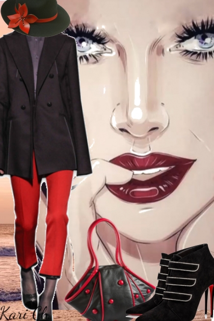 Rød bukse og sort jakke 28-10- Combinazione di moda