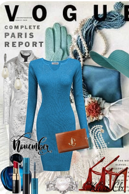 Blå kjole og sølvfrakk 30-10- Модное сочетание