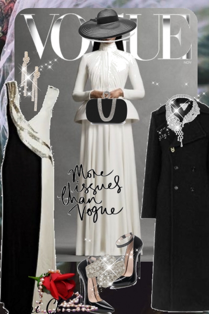 Sort/hvit sid kjole og sort kåpe 31/10- Modekombination